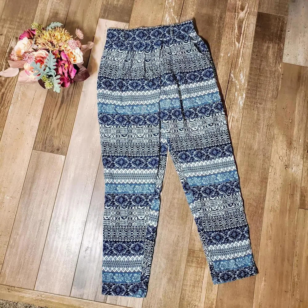 Deal Jeans Blue & White Women's Size Large Graphic Boho Pants NWOT